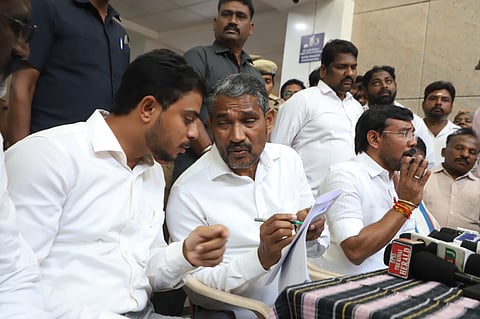 Ministers Vanni Arasu and V Sampath Kumar with officials at Coimbatore MCH on Tuesday.