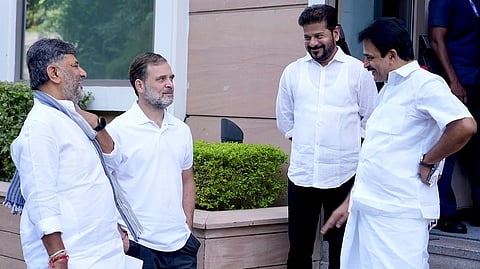 CM DK Shivakumar, LoP in Lok Sabha Rahul Gandhi, Telangana CM A Revanth Reddy and AICC General Secretary KC Venugopal in conversation ahead of the CWC meeting 