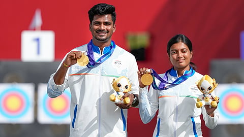 Sahil Jadhav and Chikitha Taniparthi during the medal ceremony on Wednesday