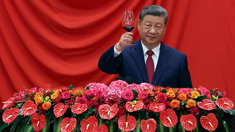 Chinese President Xi Jinping gives a toast at the National Day reception on the eve of the 77th founding anniversary of the People's Republic of China, at the Great Hall of the People in Beijing, China, Wednesday, Sept. 30, 2026.