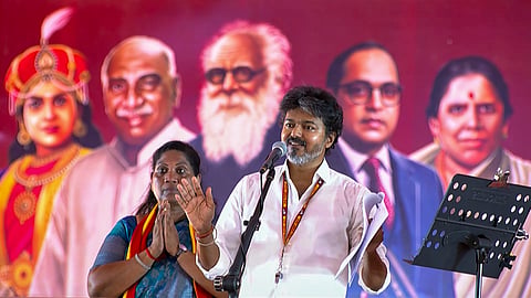 In this screengrab from a video posted on Sept. 30, 2026, Tamil Nadu Chief Minister C Joseph Vijay addresses a public rally alongside party candidate P. Sathyabama during an election campaign ahead of the upcoming Dharapuram Assembly constituency by-poll, in Dharapuram, Tiruppur district.