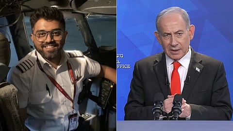 (L-R) Dubai-Tel Aviv 'Flydubai' flight captain Smit Machchhar and Israeli Prime Minister Benjamin Netanyahu.
