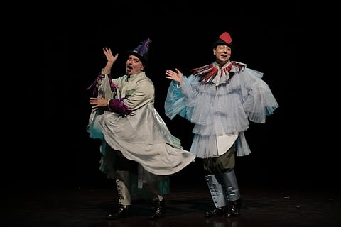 Actors Vinay Pathak and Mantra Mugdh on stage during a performance