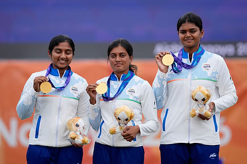 (From L) Prithika Pradeep, Chikitha Taniparthi and Jyothi Surekha Vennam pose with their medals
