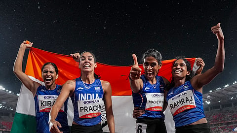 From left: Gold-winning women’s 4x400m relay team of Kiran Pahal, Prachi Choudhary, MR Poovamma and Vithya Ramraj