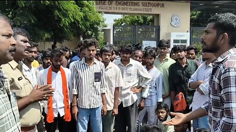 Students of the JNTU holding dharna accusing ragging in the campus at Sultanpur on Tuesday.