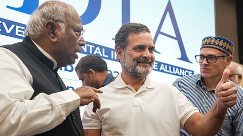 Leader of Opposition in Lok Sabha Rahul Gandhi, Congress President Mallikarjun Kharge and J&K CM Omar Abdullah after an INDIA bloc coordination meeting regarding Chief Election Commissioner Gyanesh Kumar and the Special Intensive Revision (SIR) exercise, in New Delhi, Wednesday, Sept. 30, 2026. 