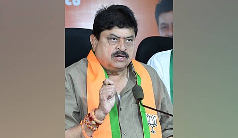 BJP state president N Ramchander Rao speaks during a press meet at the party office in Hyderabad.