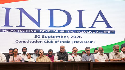 Congress President Mallikarjun Kharge, center, Parliamentary Party Chairperson Sonia Gandhi, Leader of Opposition in Lok Sabha Rahul Gandhi, NCP (SP) MP Supriya Sule, TMC supremo Mamata Banerjee, J&K CM Omar Abdullah, CPI(M) leader M.A. Baby, and other alliance leaders attend the INDIA bloc coordination meeting regarding Chief Election Commissioner Gyanesh Kumar and the Special Intensive Revision (SIR) exercise, in New Delhi, Wednesday, Sept. 30, 2026.