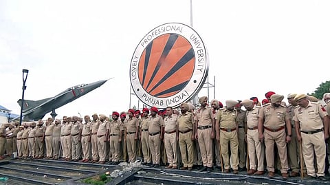 In this photo from Sept. 28, 2026, security tightened at the Lovely Professional University (LPU) complex following the students' protest that turned violent over the alleged rape of a female student and inaction by the authorities in Phagwara.