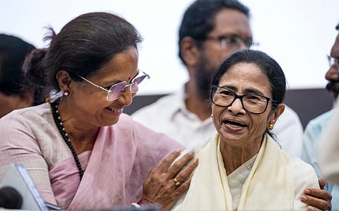  TMC supremo Mamata Banerjee and NCP (SP) MP Supriya Sule during a press conference following the INDIA bloc coordination meeting regarding Chief Election Commissioner Gyanesh Kumar and the Special Intensive Revision (SIR) exercise, in New Delhi, Wednesday, Sept. 30, 2026. 