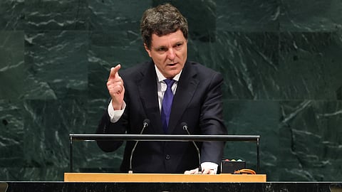 Romania's President Nicusor Dan speaks during the 81st United Nations General Assembly at the United Nations Headquarters in New York, on September 23, 2026.