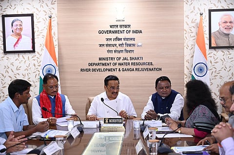 C R Patil, Union Minister of Jal Shakti, chairs a meeting to discuss Mahanadi Water Disputes in Delhi in July this year. CMs of Chhattisgarh and Odisha attended the meeting. 