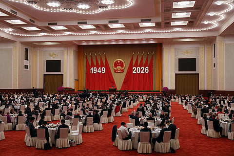 Attendants listen to Chinese President Xi Jinping's speech at the National Day reception on the eve of the 77th founding anniversary of the People's Republic of China, at the Great Hall of the People in Beijing, China, Wednesday, Sept. 30, 2026.