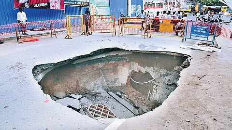 The portion of Perambur Barracks Road that caved in on Tuesday afternoon.