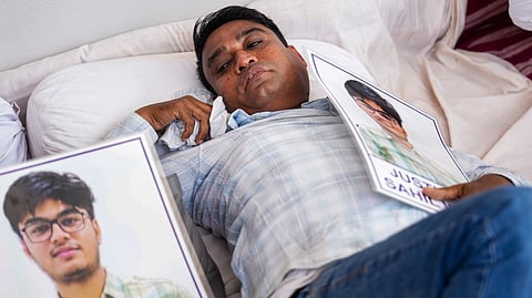 Ravindra Wakode, father of deceased IIT Bombay student Sahil Wakode, during the third day of his indefinite hunger strike demanding justice for his son, at Azad Maidan, in Mumbai, Tuesday, Sept. 29, 2026. 