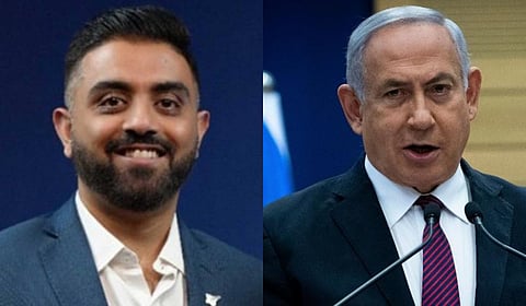 Indian pilot Smit Machchhar (L) and Israeli Prime Minister Benjamin Netanyahu.