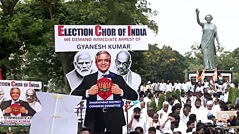 In this photo from Sept. 28, 2026, Congress workers protest against Chief Election Commissioner (CEC) Gyanesh Kumar in Hyderabad on Monday.
