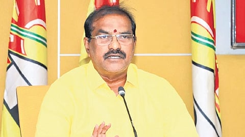 Water resources minister Nimmala Rama Naidu addressing the media on Wednesday. 