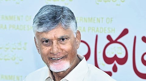 CM Nara Chandrababu Naidu during Pedalaku Pattabhishekam programme at Singh Nagar in Vijayawada on Wednesday. 