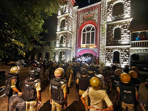Police personnel use batons to disperse students during a clash between SFI and KSU workers at Palayam in Thiruvananthapuram. Police also used tear gas and resorted to a lathi charge near the Mens Hostel of the University of Kerala amid the confrontation. 