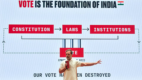 Lok Sabha LoP and Congress MP Rahul Gandhi addresses a press conference at Indira Bhawan, in New Delhi on Thursday, Sept. 24, 2026.