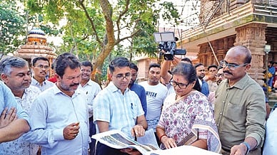Deputy chief minister Pravati Parida reviewing the renovation work of Shikhar Chandi temple on Wednesday.