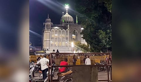 Barricades are placed in front of Shahi Masjid at Chhatri Chowk following stone-pelting incidents and protests against the proposed removal of a portion of the mosque for a road-widening project ahead of the Simhastha Kumbh 2028, in Ujjain, Madhya Pradesh, Monday, Sept. 28, 2026.