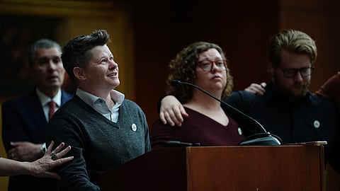 Becca Good, Renee Good's partner, speaks during a news conference after Good's family sued the US government and several immigration officials, Thursday, Oct. 1, 2026, in Minneapolis.