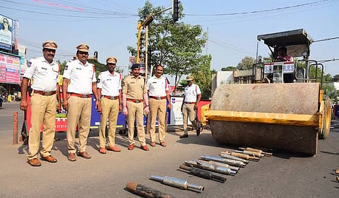 The police crushed the silencers using a road roller at Pochamma Maidan Circle in Warangal on Thursday afternoon.
