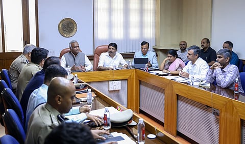 Home Minister Priyank Kharge and Transport Minister Byrathi Suresh chair a joint review meeting with officials at Vidhana Soudha on Wednesday.