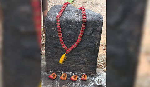 One of the few remaining Ikkeri Nayaks victory stones at Karattuvayal in Kasaragod.