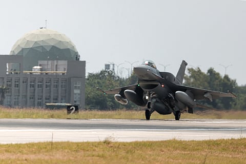 A newly purchased F-16V Block 70 fighter jet lands at Chihhang Air Base in Taitung on October 2, 2026.