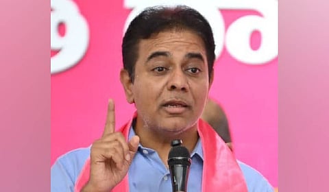 BRS working president KT Rama Rao speaks during a meeting with partymen at the party office in Hyderabad.