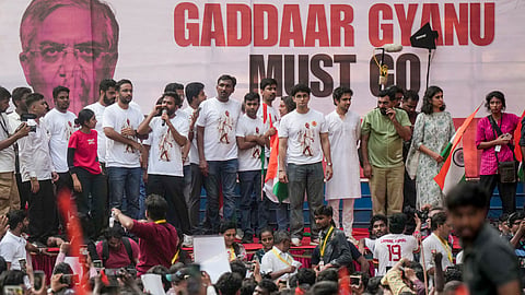 Cockroach Janta Party (CJP) founder Abhijeet Dipke addresses the gathering as co-conveners Saurav Das and Ashutosh Ranka look on during a protest by CJP against Chief Election Commissioner (CEC) Gyanesh Kumar, demanding his resignation, at Shivaji Park, in Mumbai, Maharashtra, Friday, Oct. 2, 2026. 