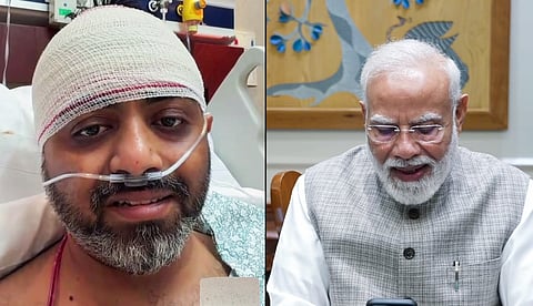 Prime Minister Narendra Modi virtually speaks to Captain Smit Machchhar, who saved hundreds of lives aboard a flydubai flight to Tel Aviv, in New Delhi on Friday