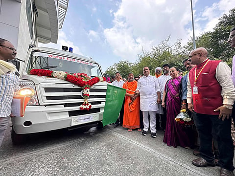 Health Minister UT Khader inaugurating four blood collection and transportation vehicles.
