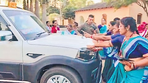Women protesting near Raighar police station on Wednesday.