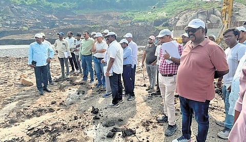 PPA CEO Sanjeev Vohra inspects the ECRF dam construction works at the Polavaram project following rains on Friday night. 