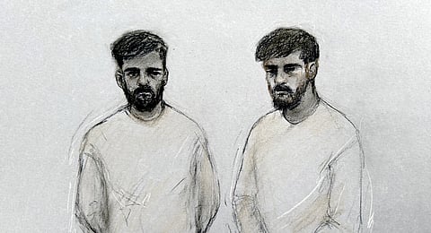 This is a court artist sketch by Elizabeth Cook of Iranian nationals of Salam Ahmadyan, 36, left, of Liverpool, and Rahman Salehi, 34, of Salford who have been remanded in custody after appearing at Westminster Magistrates' Court on Saturday morning, Oct. 3, 2026, charged with preparation for terrorist acts over an alleged bomb plot against the Jewish community in Manchester.