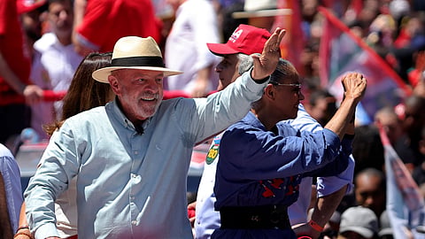 Brazilian President Luiz Inacio Lula da Silva, who is running for reelection, waves to supporters during a campaign rally in Sao Paulo, Brazil, Saturday, Sept. 26, 2026.