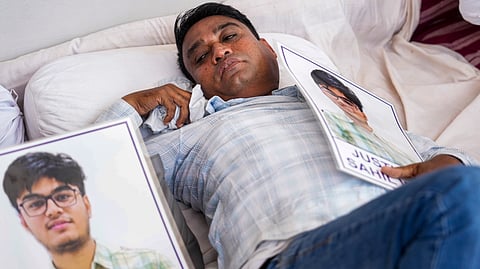 Ravindra Wakode, father of deceased IIT Bombay student Sahil Wakode, during the third day of his indefinite hunger strike demanding justice for his son, at Azad Maidan, in Mumbai, Tuesday, Sept. 29, 2026. 