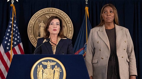 New York Governor Kathy Hochul speaks during a news conference with New York Attorney General Letitia James, Friday, Oct. 2, 2026, in New York. 