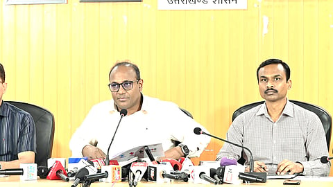 Uttarakhand Chief Electoral Officer B. V. R. C. Purushottam addressing a press conference.