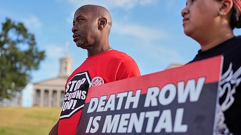 Alonzo Hughes participates in a March 4 Mercy protest against the death penalty at the Tennessee State Capitol, Sunday, Sept. 27, 2026, in Nashville, Tenn. ahead of the Sept. 30th scheduled execution of Christa Pike.