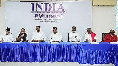 MDMK founder and General Secretary Vaiko speaks during the INDIA Bloc Meeting at the TNCC office in Chennai on Saturday, Oct. 03, 2026. The parties that took part in the meeting were Congress, TVK, CPM, CPI, VCK, MDMK and IUML.