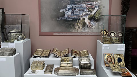 This photograph shows some of the 48 objects pillaged by Bulgarian troops from churches and monasteries in Northern Greece during World War I which are returned by Bulgaria on the day of the handover ceremony for the remains of Tsar Samuel, one of the last major rulers of the First Bulgarian Empire, more than a thousand years after his death at the Museum of Byzantine Culture in Thessaloniki on October 3, 2026.