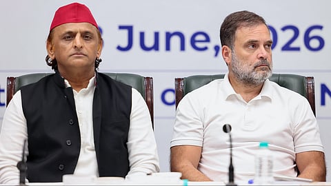 In this photo from June 8, 2026, Lok Sabha LoP Rahul Gandhi and Samajwadi Party chief Akhilesh Yadav attend the INDIA bloc meeting at the Constitution Club of India in New Delhi.