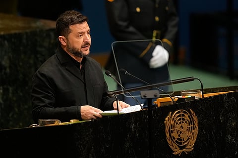 Ukraine's President Volodymyr Zelenskyy speaks during the 81st session of the United Nations General Assembly at United Nations headquarters, Wednesday, Sept. 23, 2026