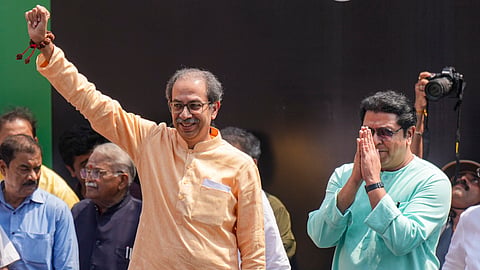  Shiv Sena (UBT) chief Uddhav Thackeray and MNS chief Raj Thackeray during the 'Virat Garjana Morcha' rally against Chief Election Commissioner (CEC) Gyanesh Kumar over alleged irregularities in the Special Intensive Revision (SIR) of electoral rolls, in Mumbai, Maharashtra, Sunday, Oct. 4, 2026. 